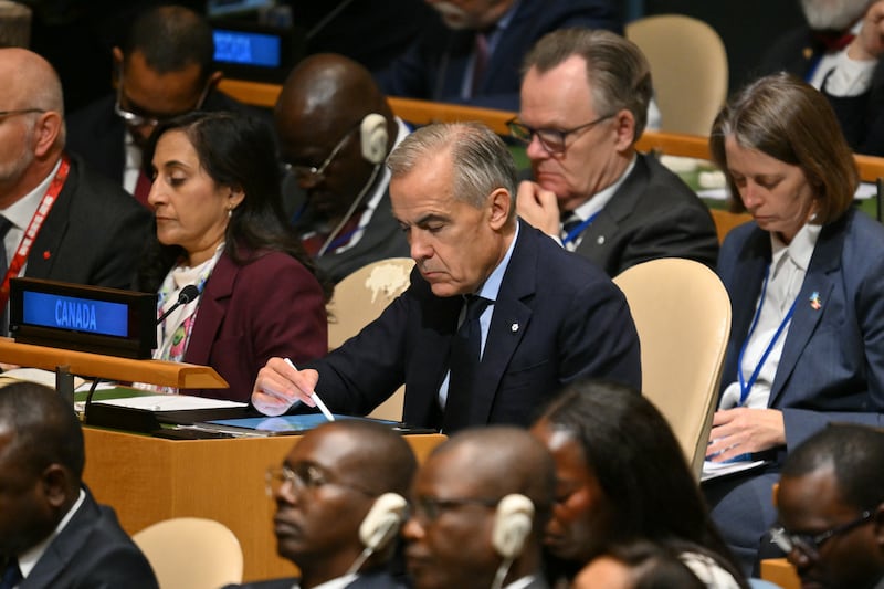 Canadian prime minister Mark Carney listens to Trump's address. Photo by Angela Weiss/AFP via Getty Images