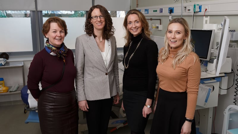 Prof Patricia Maguire (second right) with Prof Mary Higgins, Prof Fionnuala Ní Áinle and Dr Paulina Szklanna, part of the team behind the AI-PREMie diagnostic test. Photograph: Fran Veale