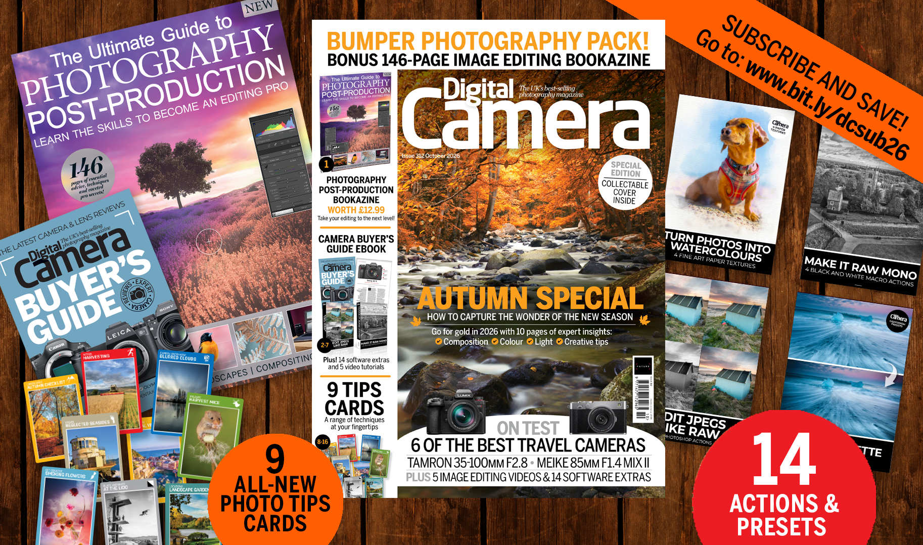 Front cover of issue 312 (October 2026) of Digital Camera magazine and images showing the included bonus gifts – 9 photo tips cards, 5 image editing tutorial videos, 14 software extras and two e-books