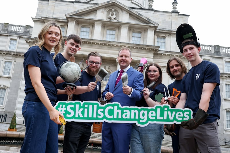 Students who will be competing at WorldSkills Ireland in September: Rachel Kearney, Donal Byrne, Jason Fay, Chelsea Daly, Dillon Slattery Lopez and Kevin Mulligan, with the Minister for Further and Higher Education, Research, Innovation and Science, James Lawless (centre). Photograph: Tony Maxwell