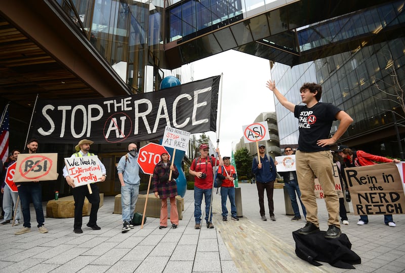 Protesters during a 'Stop the AI Race' demonstration in San Francisco on Thursday. Photograph: Karl Mondon/AFP via Getty Images