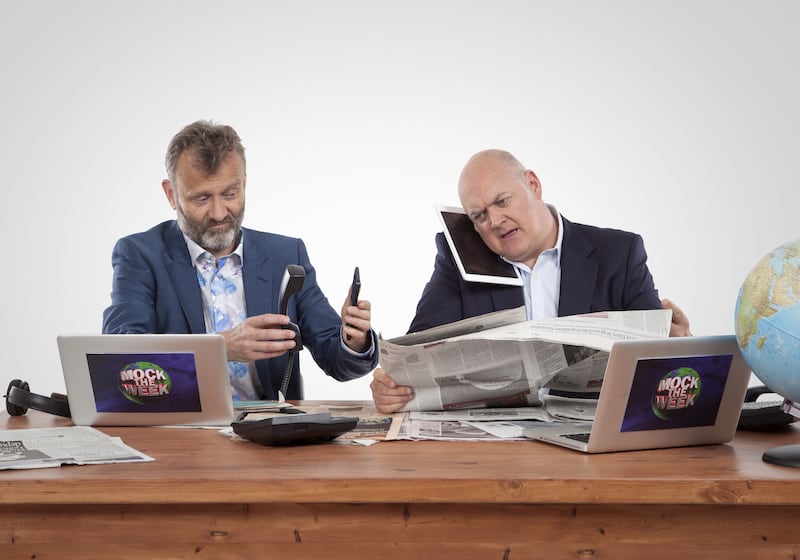 Ó Briain with Mock the Week Regular Hugh Dennis in 2022. Photograph: PA Photo/BBC/Angst/Steve Brown