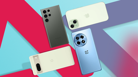 A Galaxy S23 Ultra, an iPhone 15, a Google Pixel 7, and a OnePlus 12R side by side.
