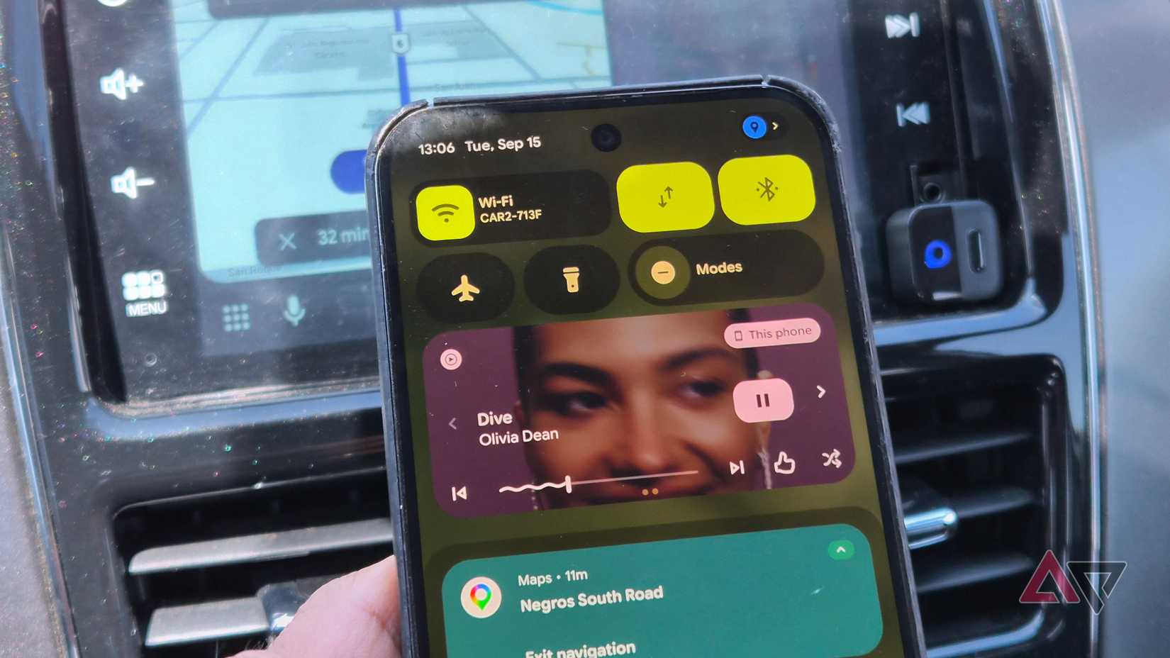 Google Pixel 9 Pro XL running YouTube Music and Google Maps while connected to wireless Android Auto