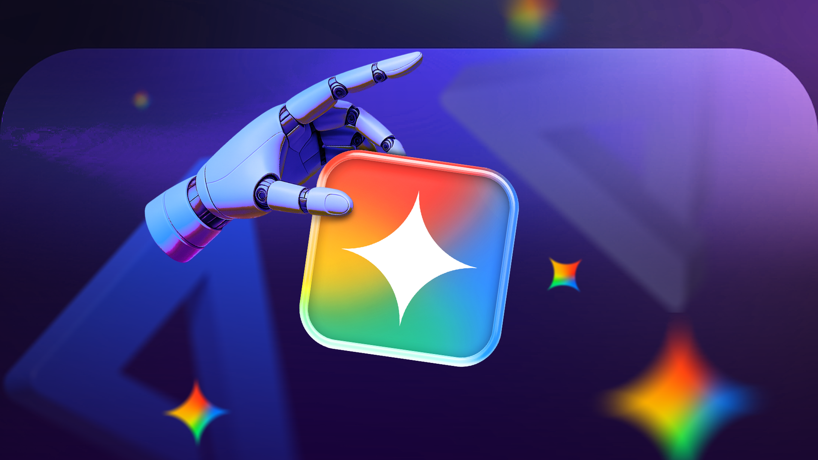A robotic hand holding the Gemini icon against a dark background