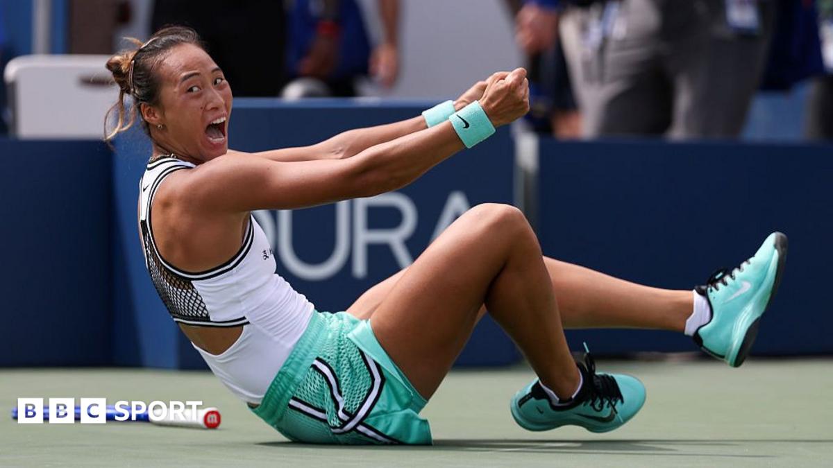 Qinwen Zheng falls to the ground in celebration after beating Madison Keys