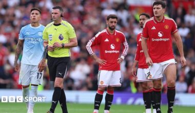 Players of Manchester City and Manchester United stand around as a VAR review is carried out