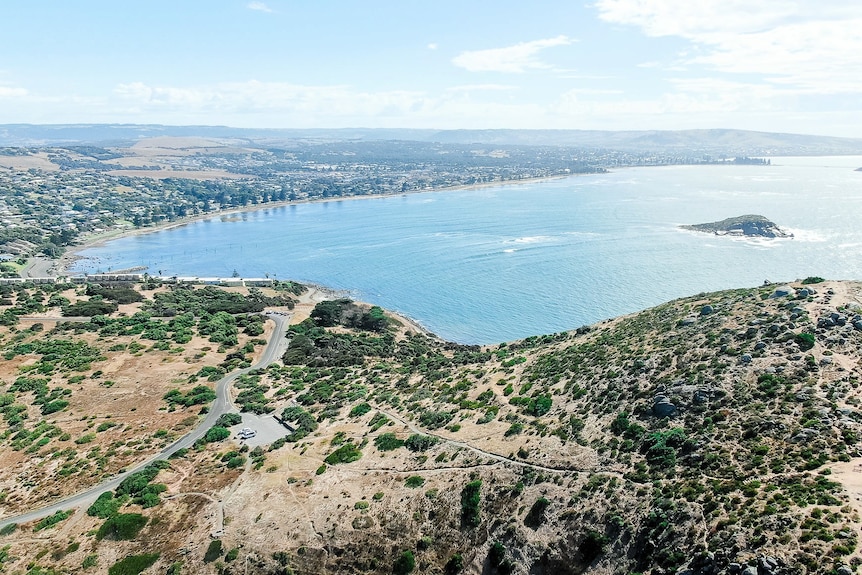 A picture taken by a drone showing the coastline at Encounter Bay