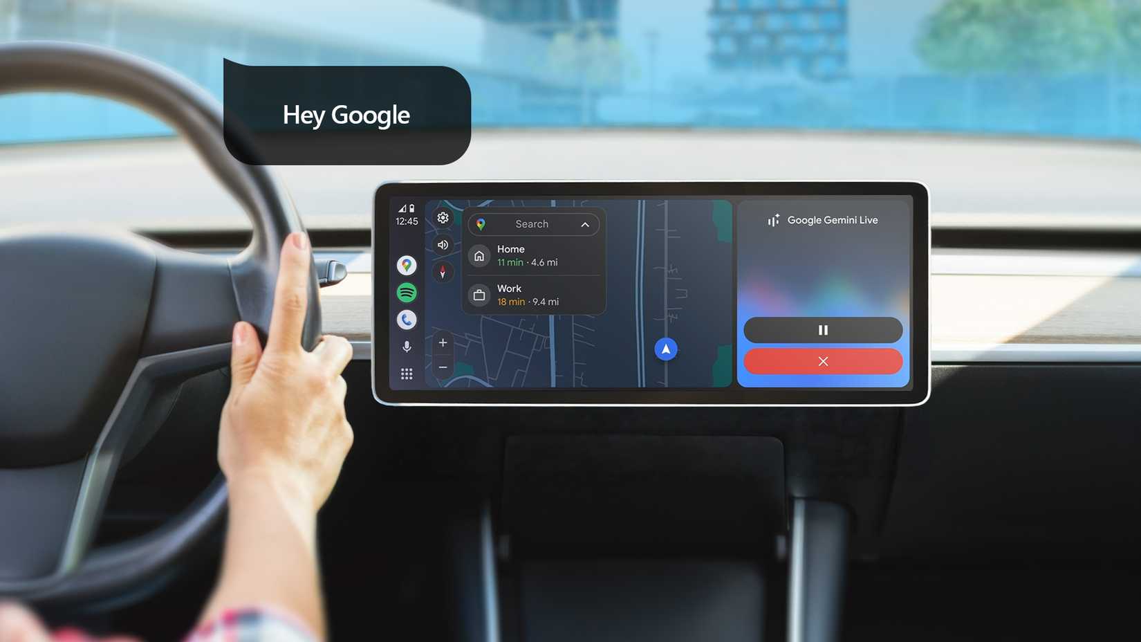 Android Auto showing Google Maps with a 'Hey Google' voice command and Gemini