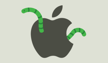 the standard apple logo in silver, with a cartoonish green worm poking through it on each side