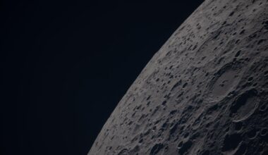 (April 6, 2026) – Poynting crater and Keeler crater are visible side by side in the lower right portion of this image of the Moon’s far side highlands. Poynting, positioned above, is a large impact crater with a well-defined rim and relatively smooth interior, indicative of material that has settled following the initial impact. Just below it, Keeler crater appears slightly smaller, with a sharply outlined rim and a more textured interior shaped by subsequent impacts and ejecta. Both features lie within the densely cratered far side highlands, preserving a record of ancient impacts that have shaped the lunar surface over billions of years.