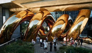auruBOROS golden installation by plastique fantastique spirals in new york