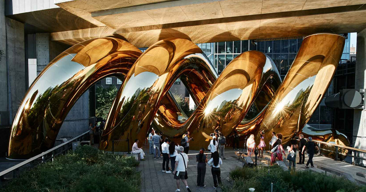 auruBOROS golden installation by plastique fantastique spirals in new york