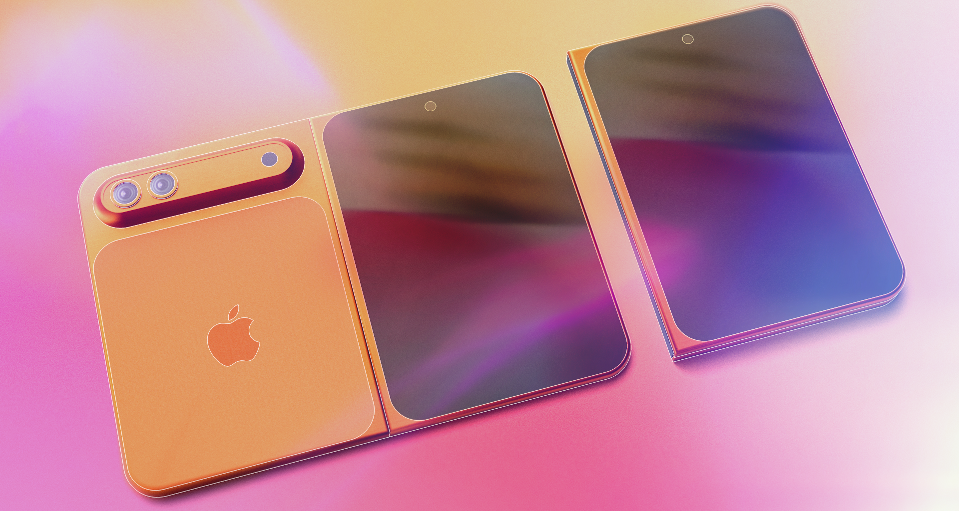 render of rumored iPhone Fold on a pink and yellow background
