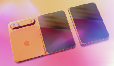 render of rumored iPhone Fold on a pink and yellow background