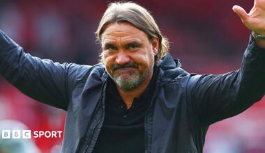 Leeds United manager Daniel Farke celebrates after a win over Nottingham Forest