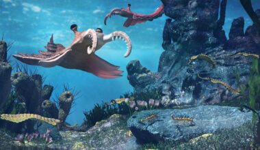 Pre-historic animals in the ocean.