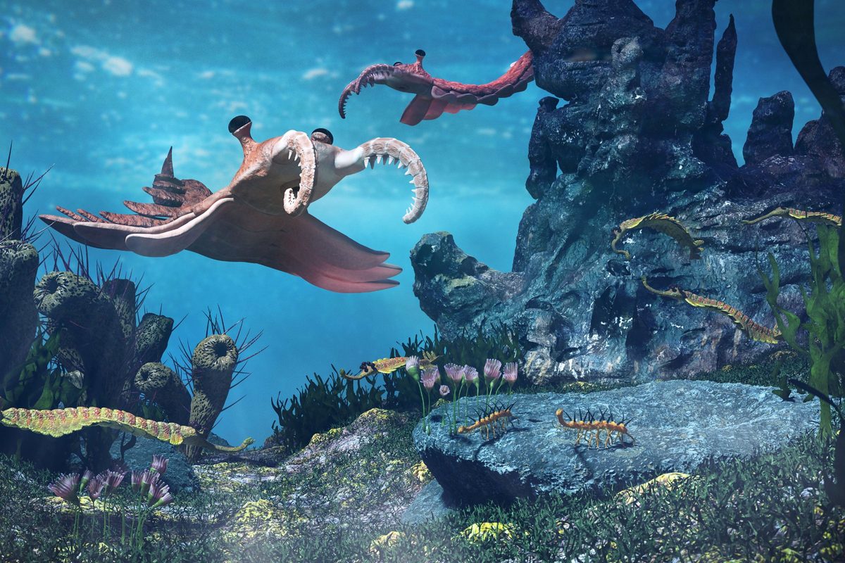 Pre-historic animals in the ocean.