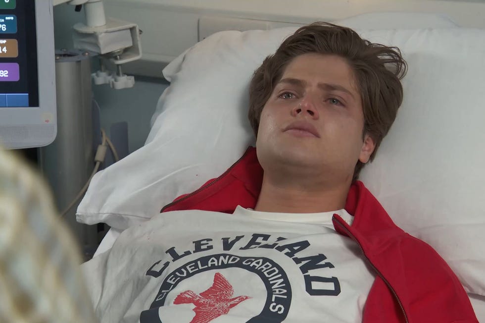 Hollyoaks Caleb Keane hollyoaks caleb keane lying in hospital bed looking sad