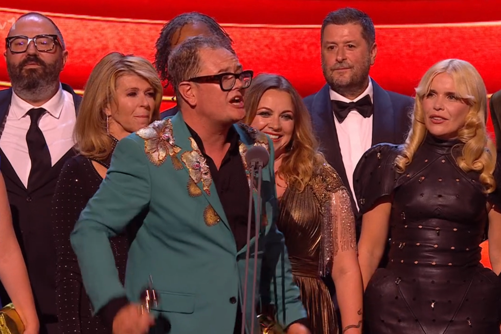 the cast of celebrity traitors on stage at the national television awards. the cast of celebrity traitors on stage at the national television awards.