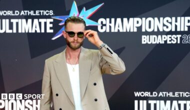 Josh Kerr poses for photos during the red carpet event at the World Athletics Ultimate Championship