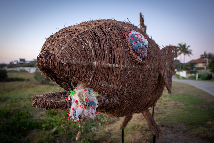 A woven scultpure of a fish.