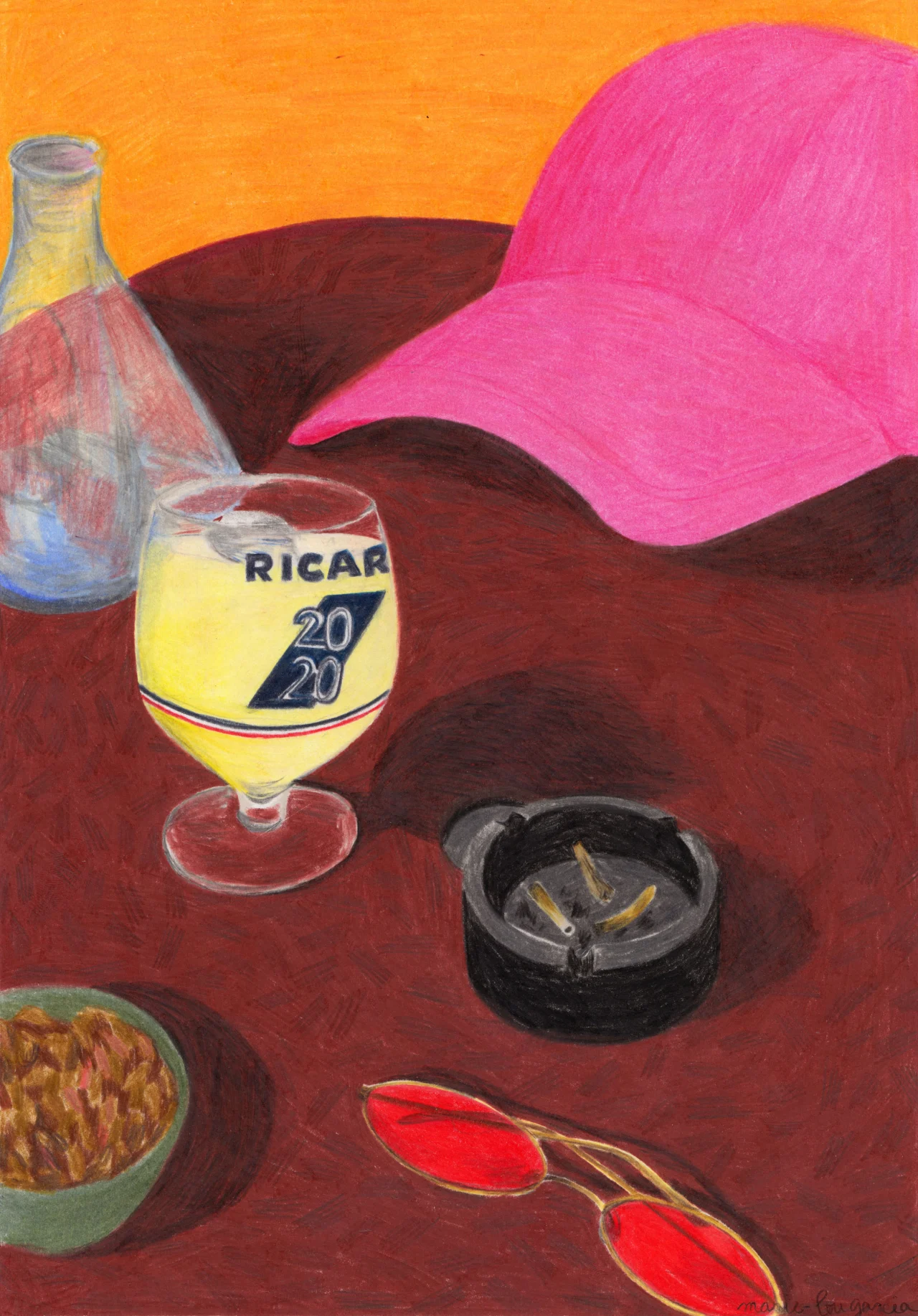 A pink baseball cap sits atop a dark red surface alongside a bottle of Ricard pastis, a glass of the yellow spirit, a black ashtray with cigarettes, red sunglasses, and a bowl of food against an orange background