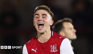 Harrison Neal of Fleetwood Town celebrates