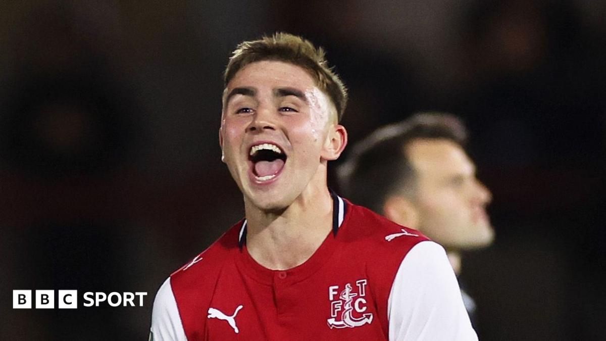 Harrison Neal of Fleetwood Town celebrates
