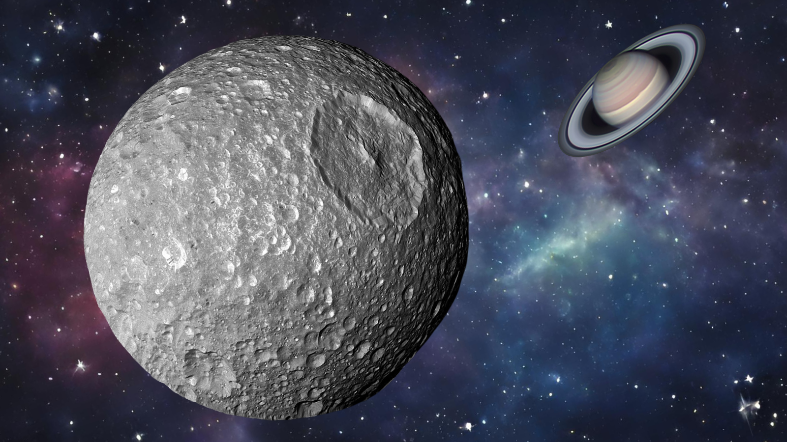 An illustration shows Saturn;s 'Death Star' Moon Mimas orbiting its parent planet