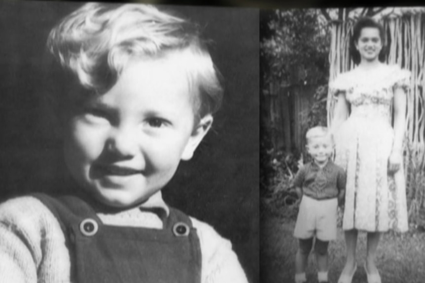 A composite black and white image of a toddler on the left and a young boy standing with a woman on the right.