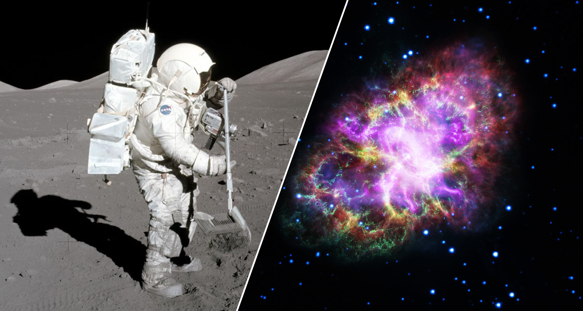 two images; one of an astronaut in a spacesuit standing on a dusty grey surface of the moon, the other of a colorful explosion in space