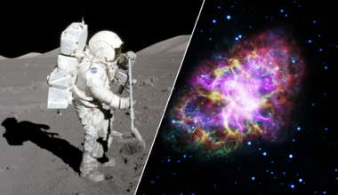 two images; one of an astronaut in a spacesuit standing on a dusty grey surface of the moon, the other of a colorful explosion in space