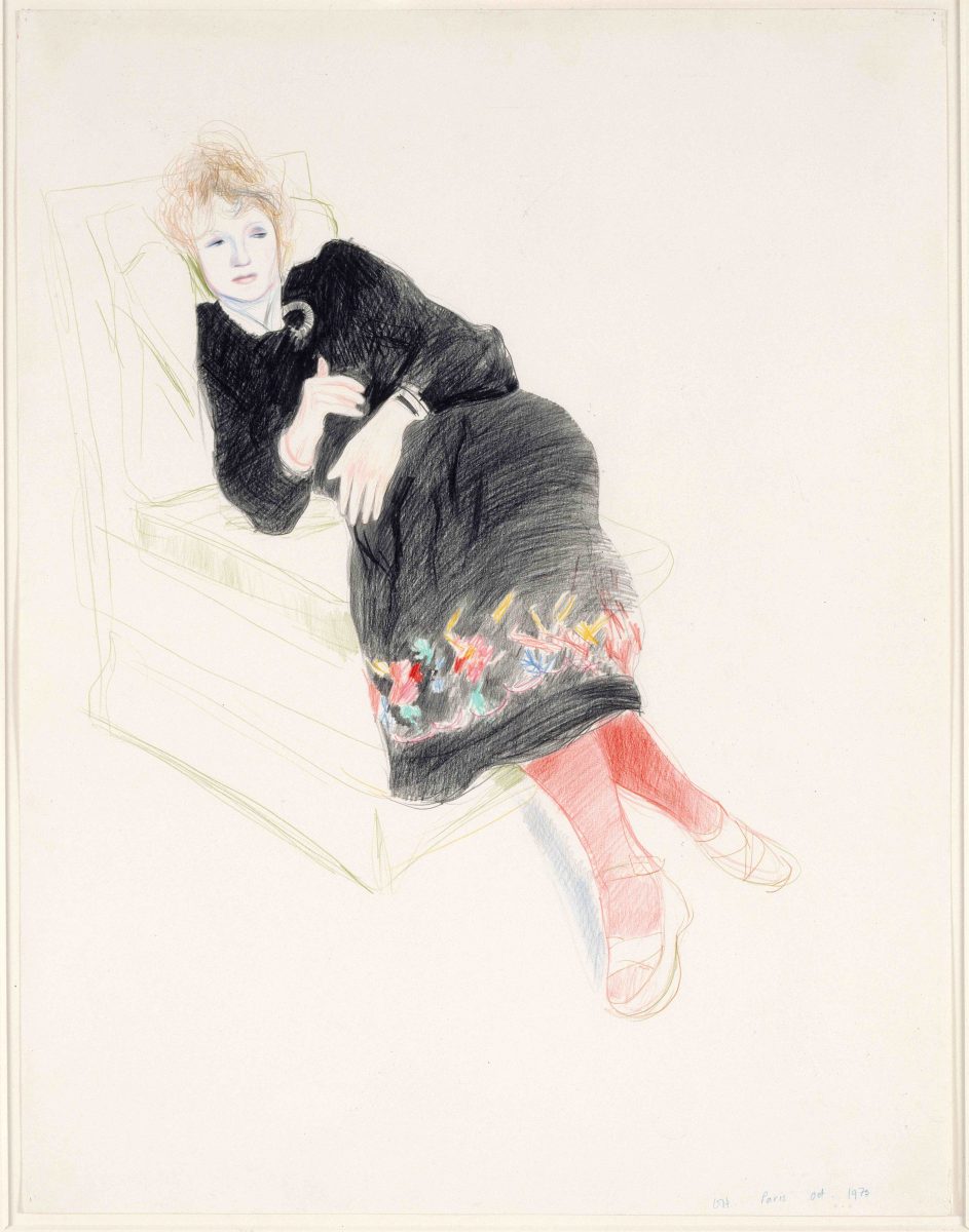 Drawing of a woman in a black dress and red stockings