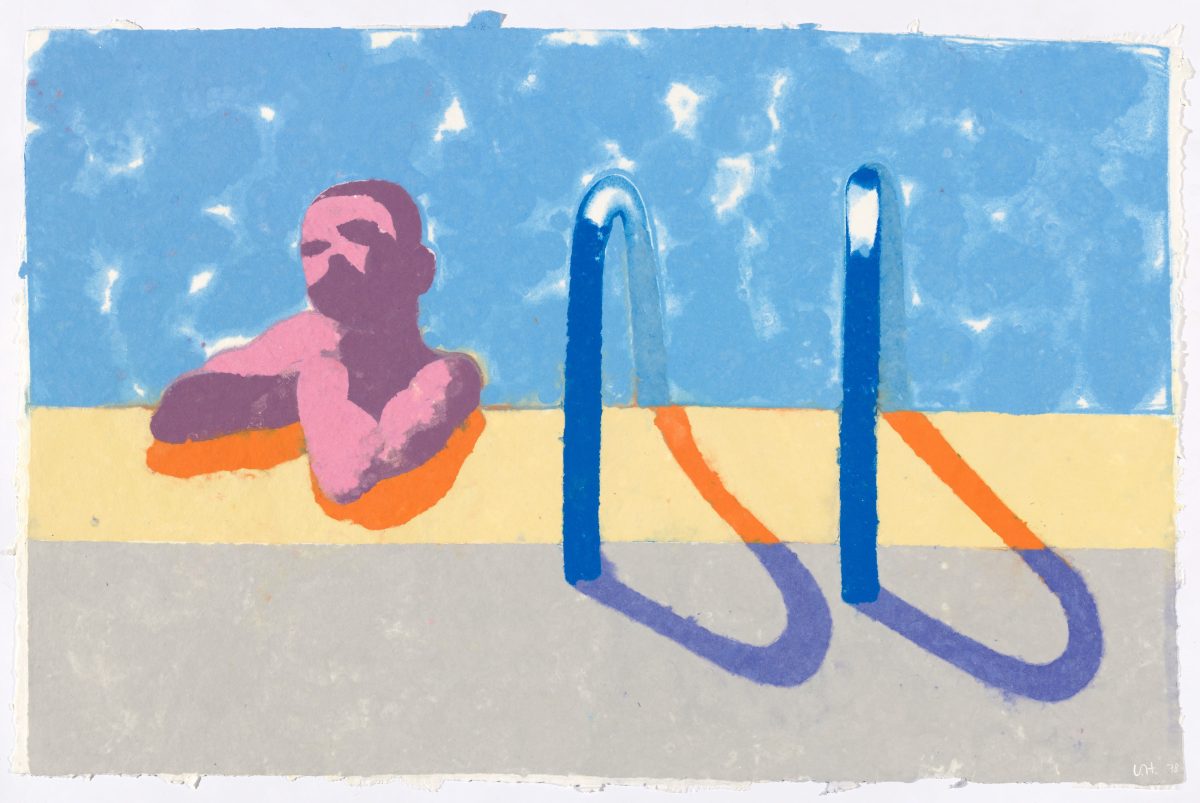 Polychrome image of a figure in a swimming pool