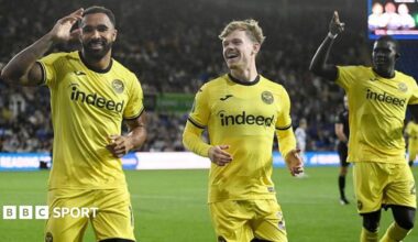 Callum Wilson, Keane Lewis-Potter and El Hadji Malick Diouf celebrating for Brentford