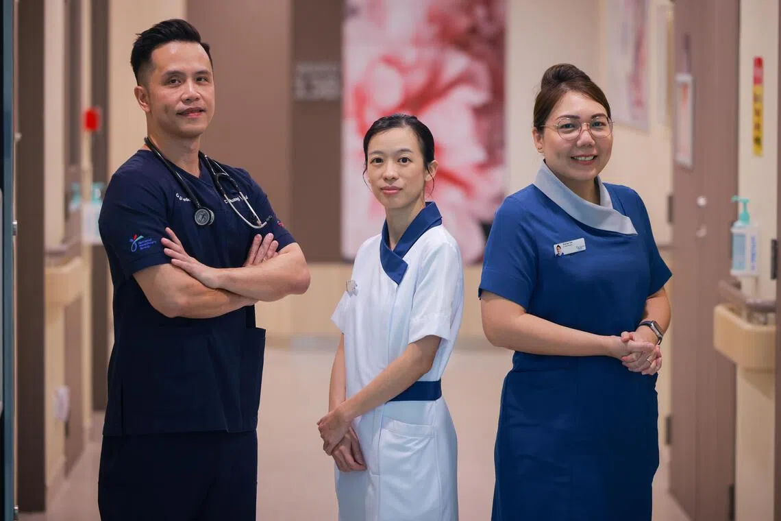 (From left) Huang Wenhui, the medical project lead for Safe from Sepsis, TTSH senior staff nurse Fan Shuwan and TTSH senior nurse manager Caren Mok.