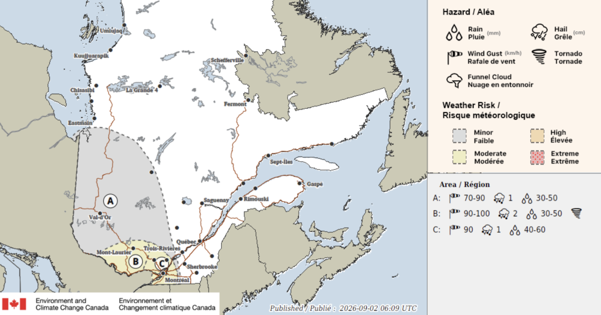 Weather map of Quebec shows increased thunderstorm outlook for southwestern Quebec