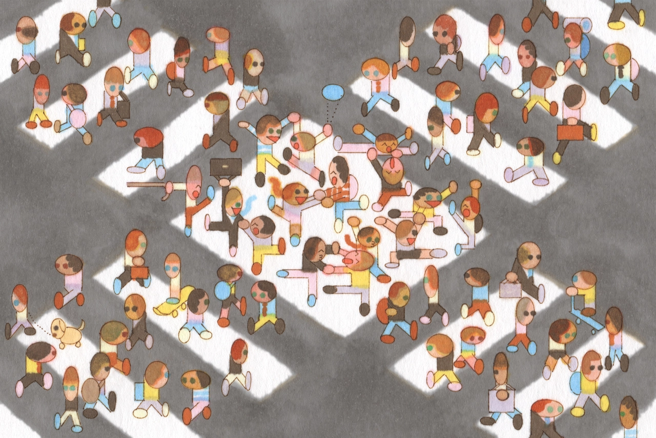 Illustrated overhead view of diverse people connected by coloured lines on white hexagonal platforms against a grey background