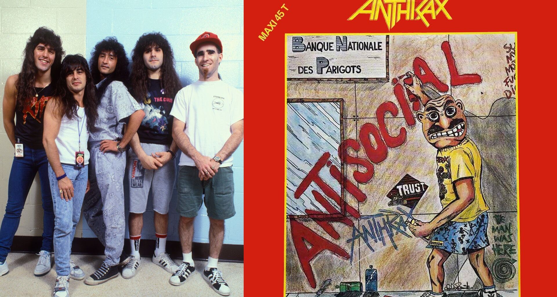Anthrax in 1989 plus the 12" sleeve for the International release of the Antisocial single