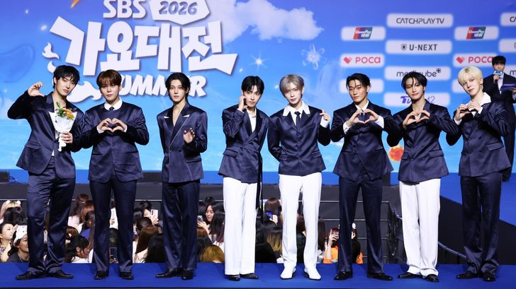 Members of ATEEZ pose at the blue carpet event for the “2026 SBS Gayo Daejeon Summer” at KINTEX Exhibition Center 2 in Ilsan, Gyeonggi Province, Aug. 9. Yonhap