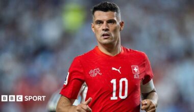 Granit Xhaka playing for Switzerland against Argentina in the 2026 World Cup quarter-final