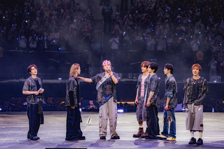 K-pop boy group BTS react during their 'ARIRANG' world tour concert in Los Angeles, Wednesday. Courtesy of BigHit Music