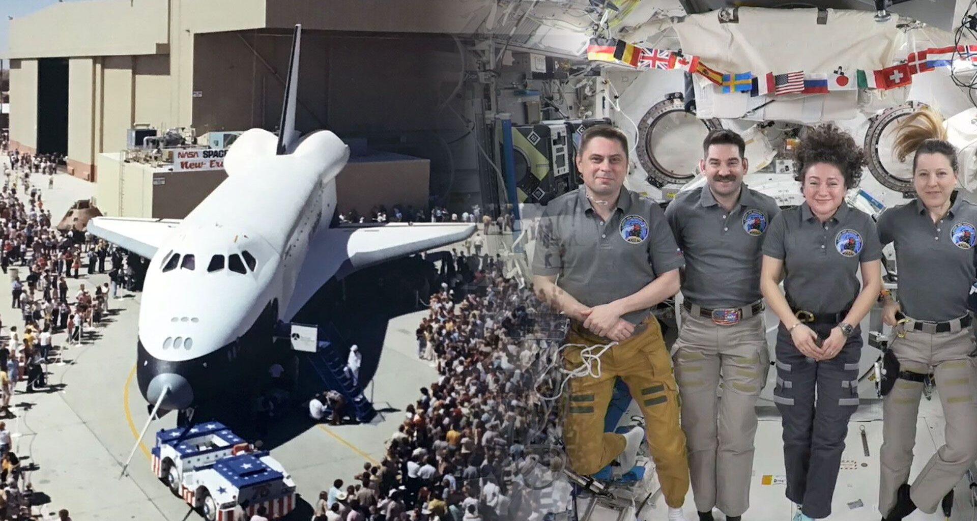 A montage of two images, one showing a winged spacecraft being met by a large crowd as it is rolled out of its hangar and the other showing two women and two men floating aboard a space station.