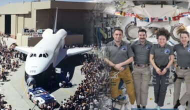 A montage of two images, one showing a winged spacecraft being met by a large crowd as it is rolled out of its hangar and the other showing two women and two men floating aboard a space station.