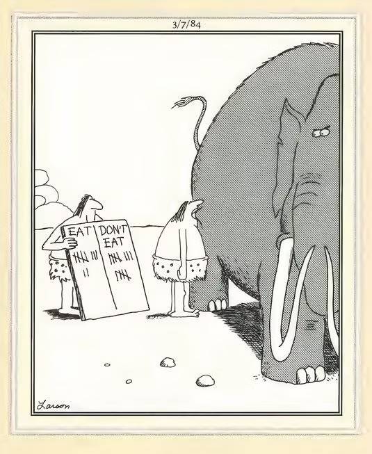 Cavemen wonder if they can eat an elephant in The Far Side