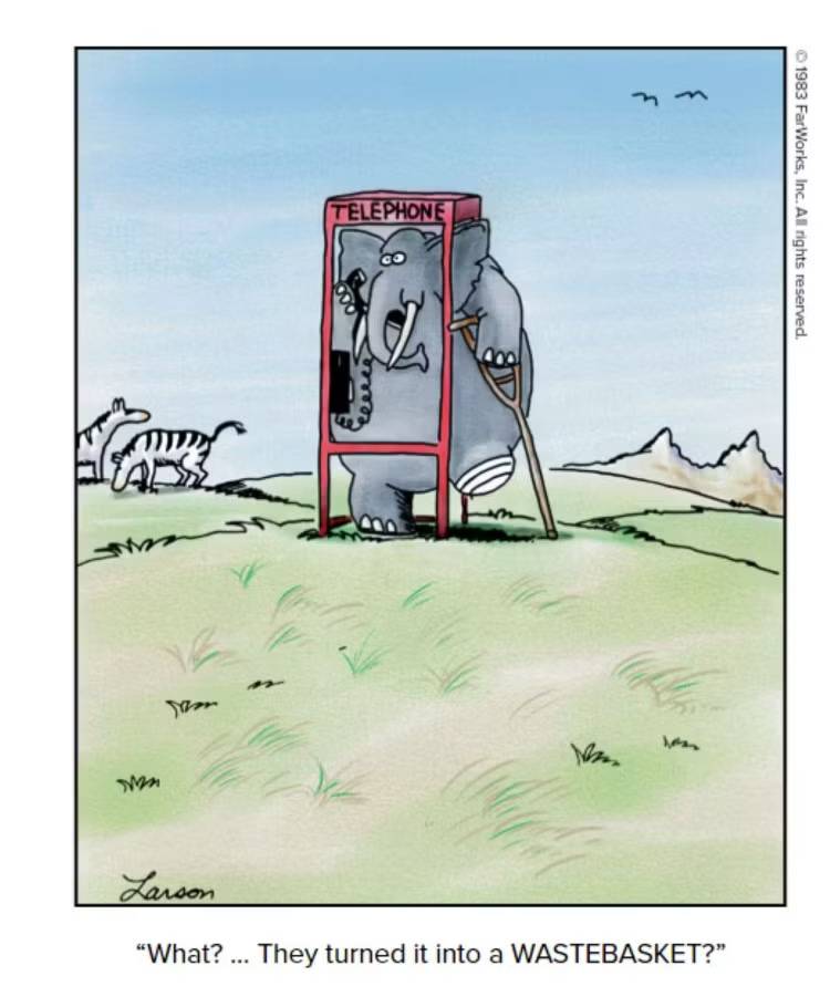 Far Side Comic showing an elephant missing a leg