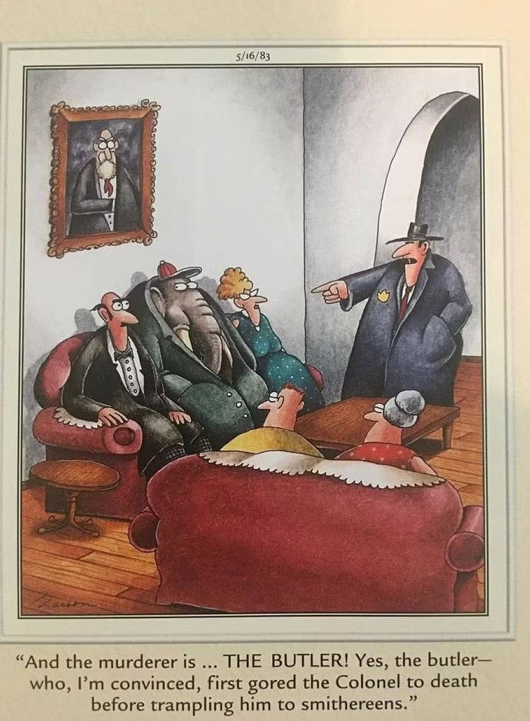 An elephant tries to hide among humans in a game of Clue in The Far Side