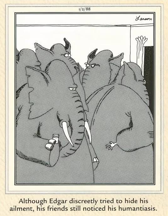 An elephant has tiny human hands in this Far Side strip