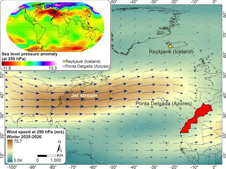 Southward-shifted jet steered Atlantic storms into Morocco in winter 2025–26